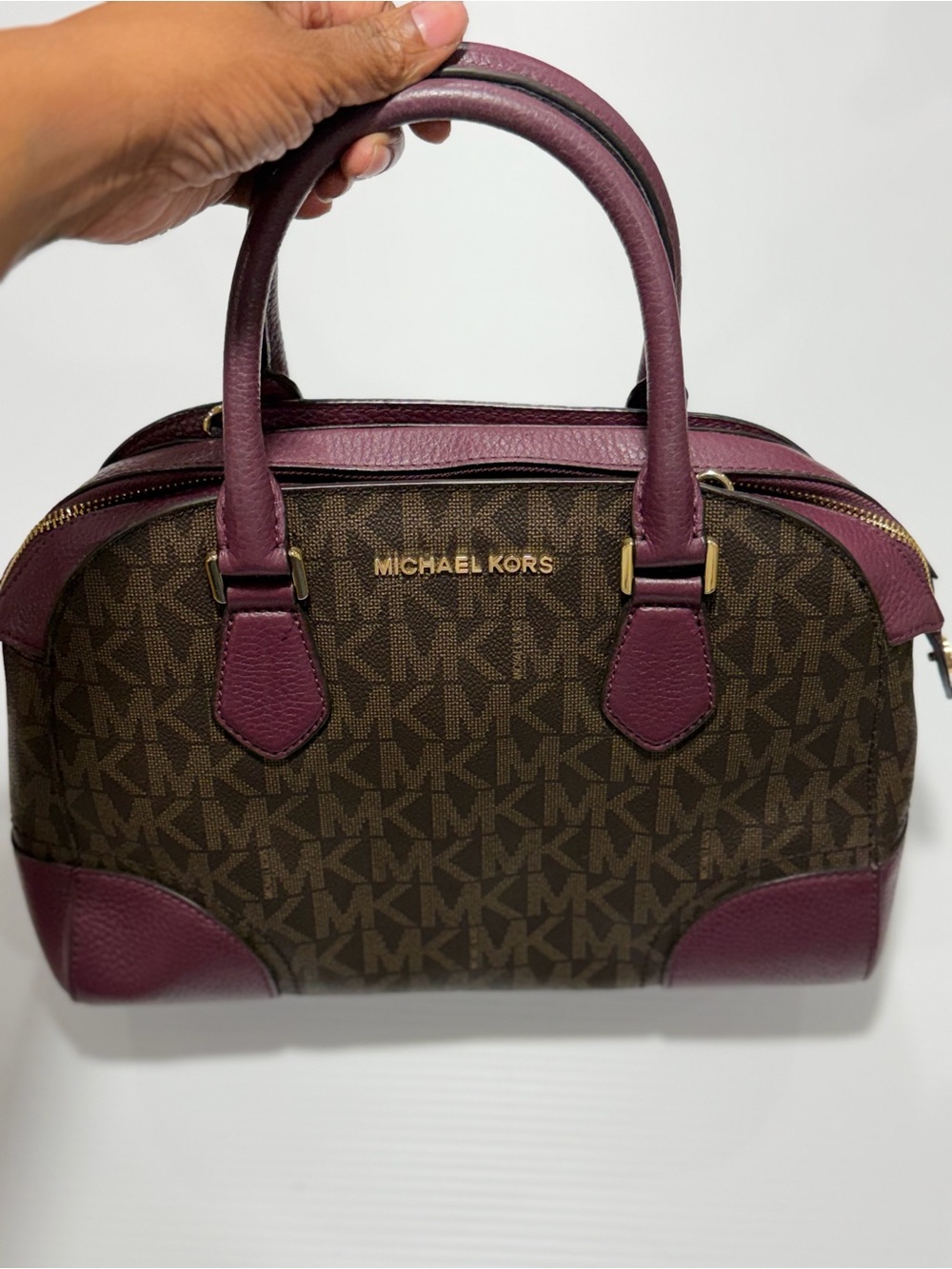 Michael Kors Brown/Plum Logo Satchel with Gold Hardware